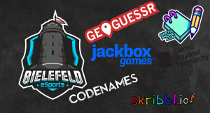 Logo von Bielefeld eSports, Geo Guesser, Jackbox Games, Gartic Phone, Cards Against Humanity, Skribbl und Codenames